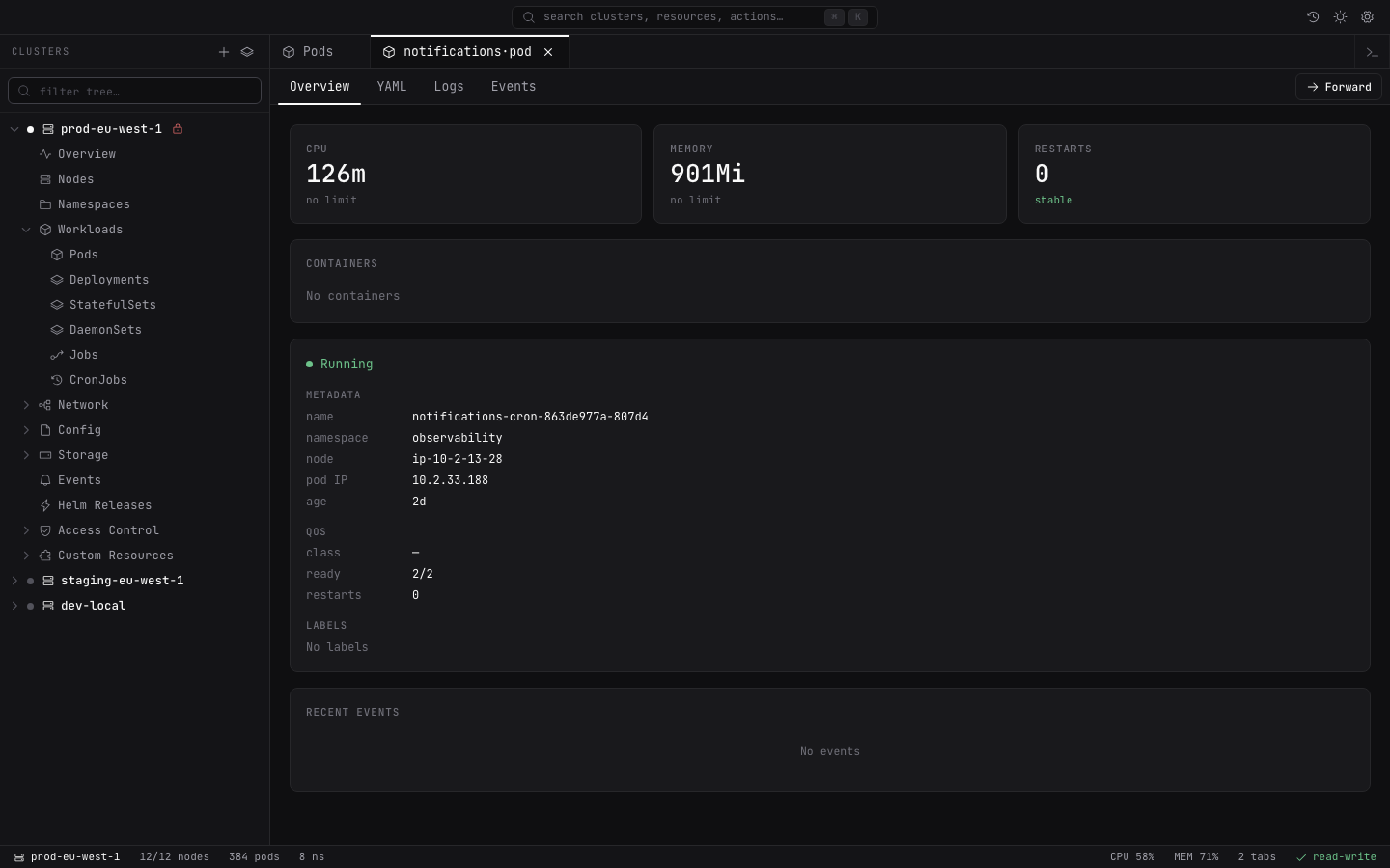 Lightship pod details with resource usage, status, metadata, and recent events