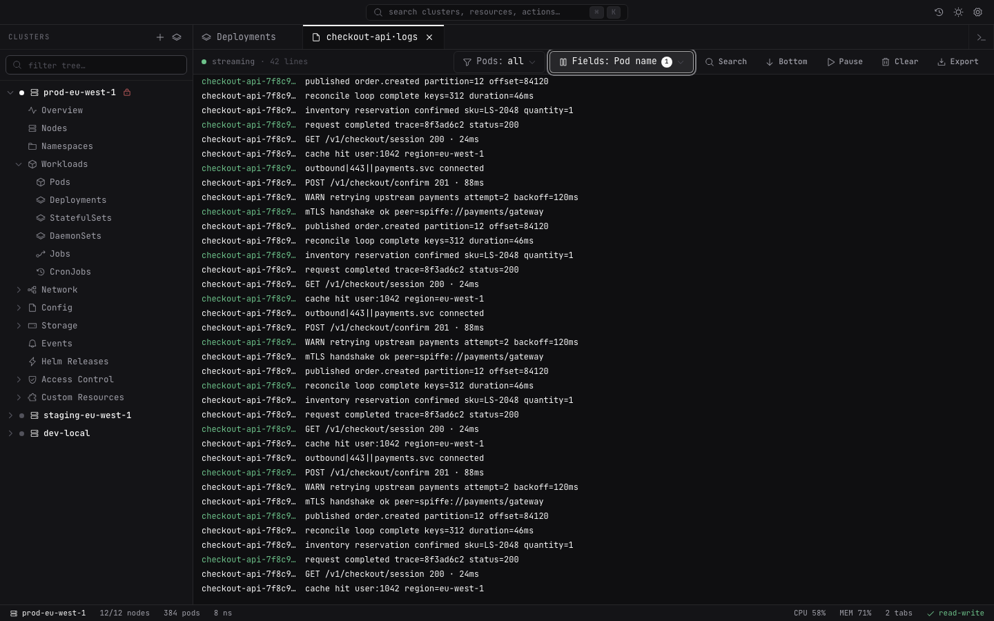 Lightship streaming structured logs from several Kubernetes pods