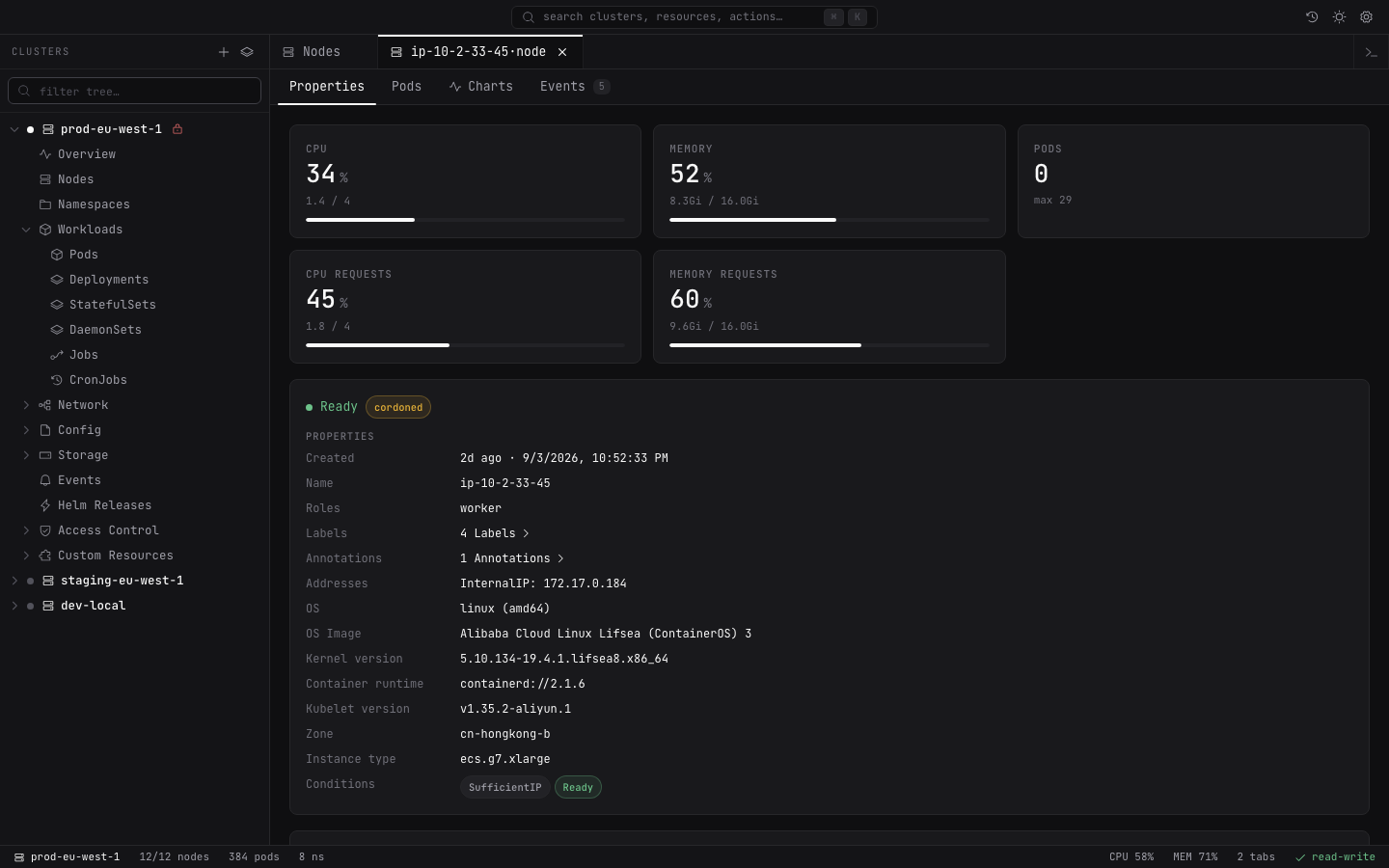 Lightship node details with conditions, capacity, and resource metrics