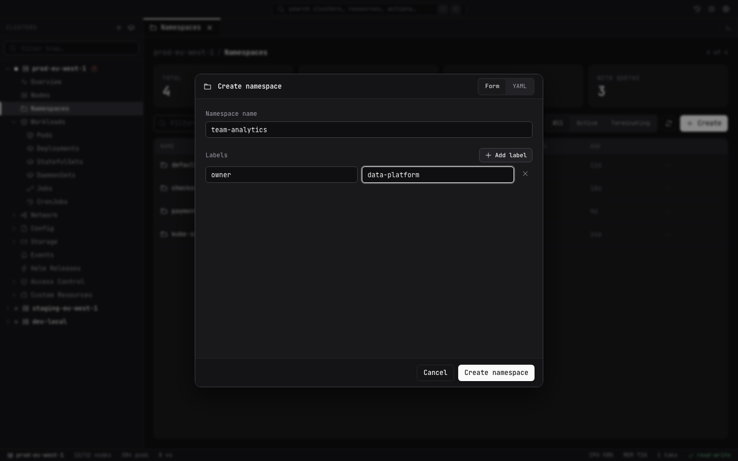 Lightship dialog for creating a Kubernetes namespace