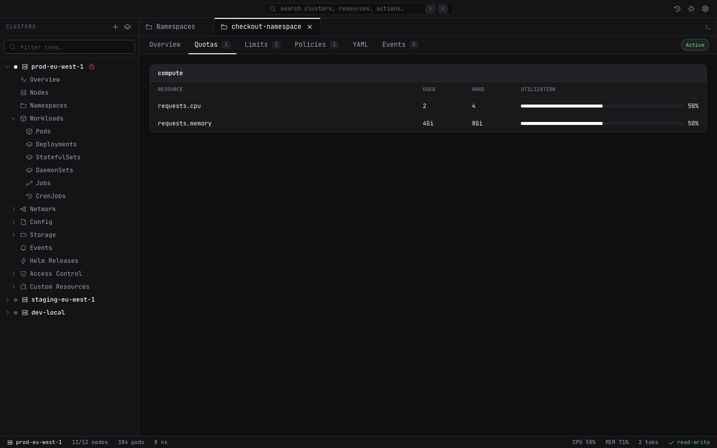 Lightship namespace view showing metadata, quotas, and resource usage