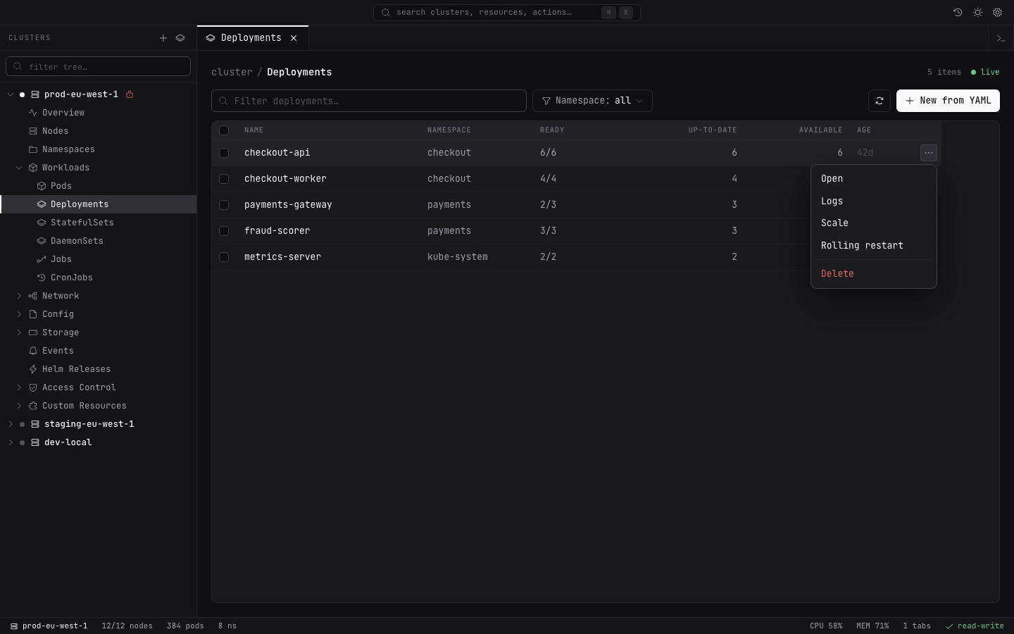 Lightship deployment view with safe scaling and restart actions