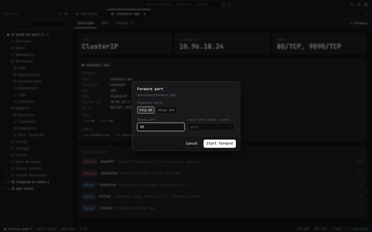 Lightship dialog for starting a local port forward to a Kubernetes service