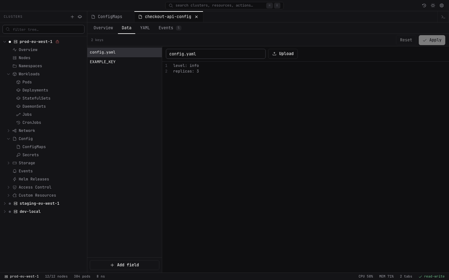 Lightship editor for viewing and updating Kubernetes ConfigMaps