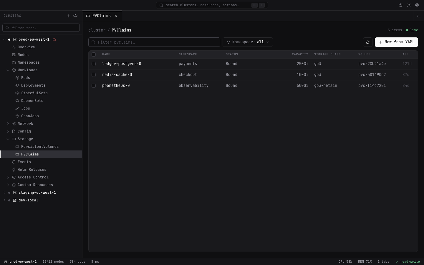 Lightship persistent volume and storage class management view