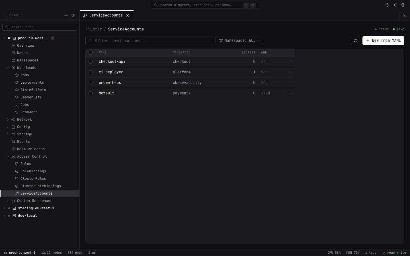 Lightship access control and service accounts view