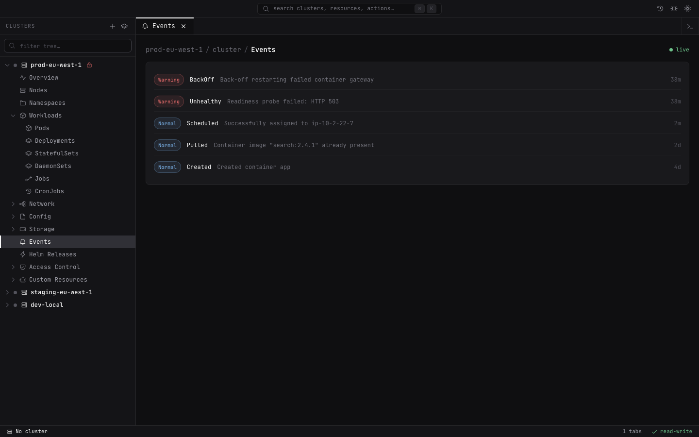 Lightship cluster events timeline with filtering controls