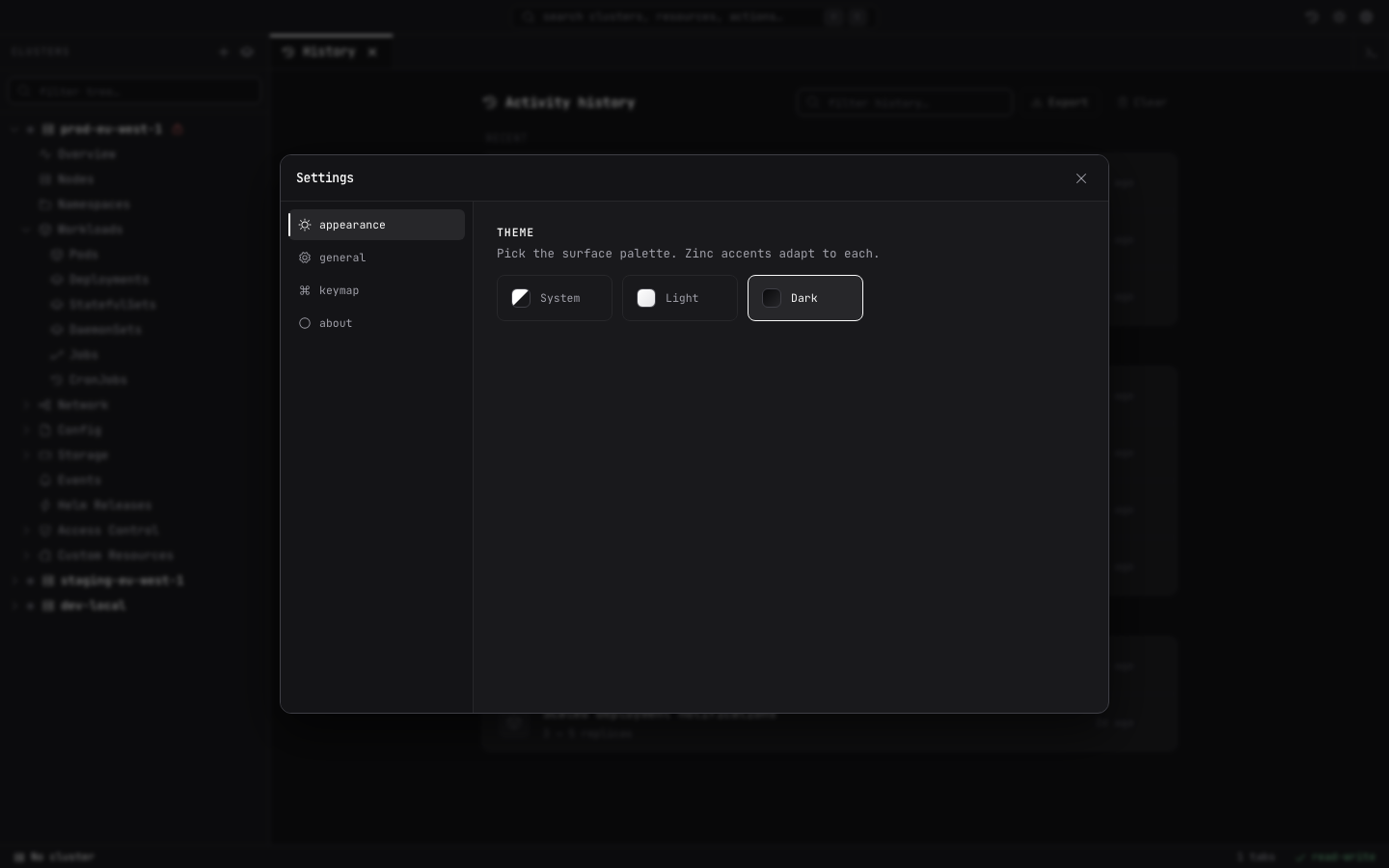 Lightship settings dialog with appearance, general, and keymap preferences